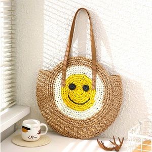 Circular Woven Straw‎ Smile Tote Bag